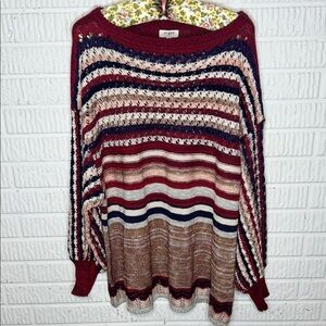 Umgee Burgundy and Beige Striped Sweater